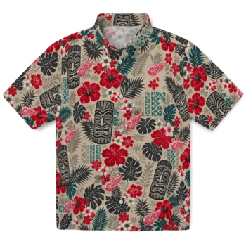 Detroit Red Wings Hawaiian Shirt - Tiki Masks Warm Beige