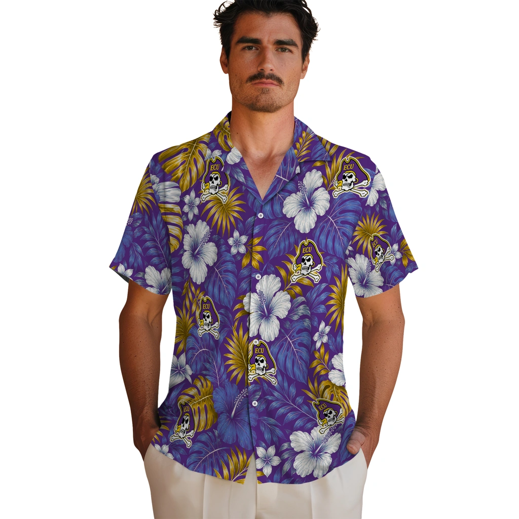 east-carolina-pirates-hawaiian-shirt-custom-hibiscus-monstera-purple-fashion-forward.webp