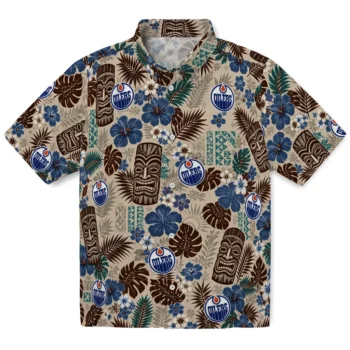 Edmonton Oilers Hawaiian Shirt - Tiki Masks Warm Beige