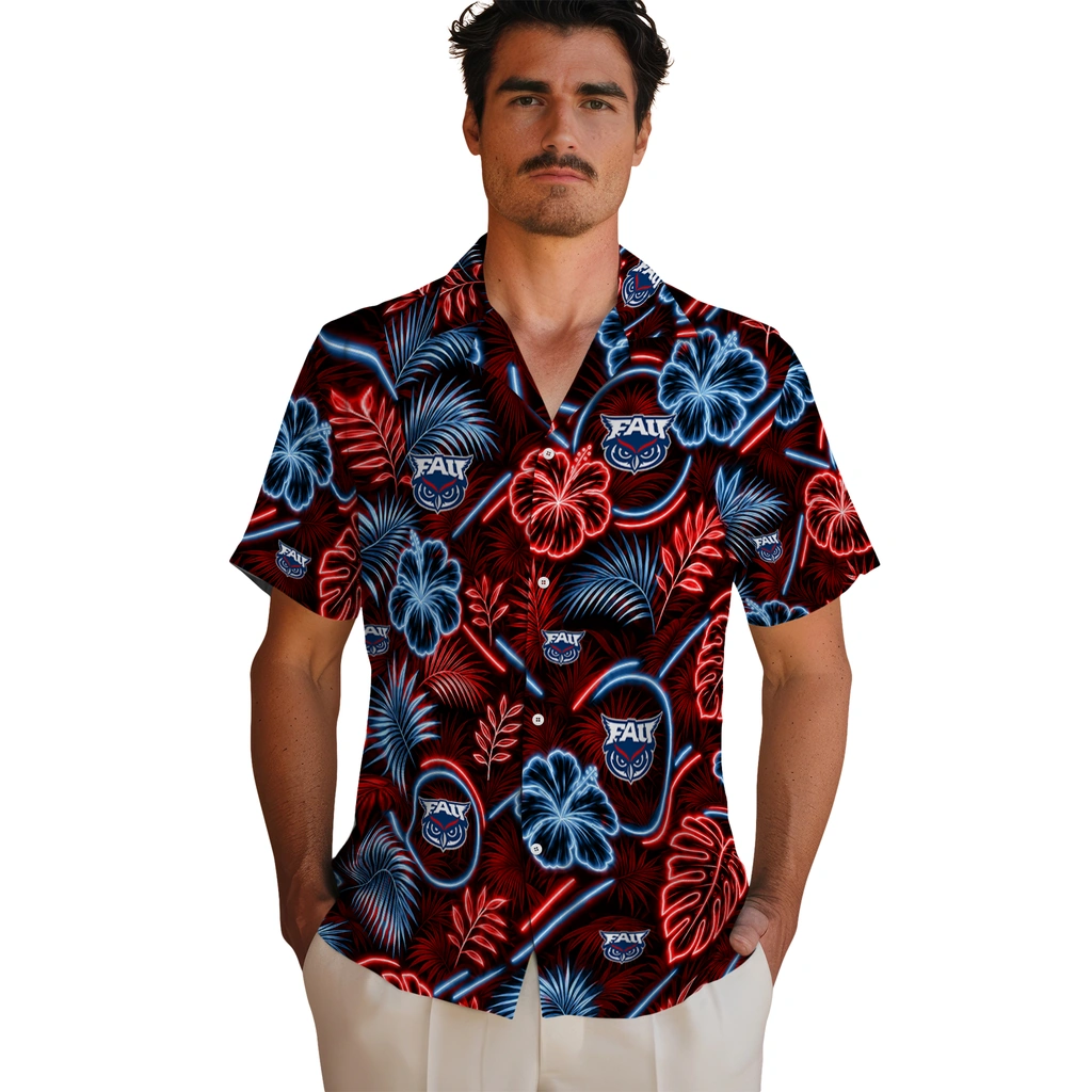 florida-atlantic-owls-hawaiian-shirt-personalized-neon-florals-black-fashion-forward.webp