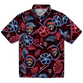 Florida Panthers Hawaiian Shirt - Neon Florals Black