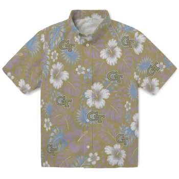 Georgia Tech Yellow Jackets Hawaiian Shirt - Hibiscus Monstera Gold