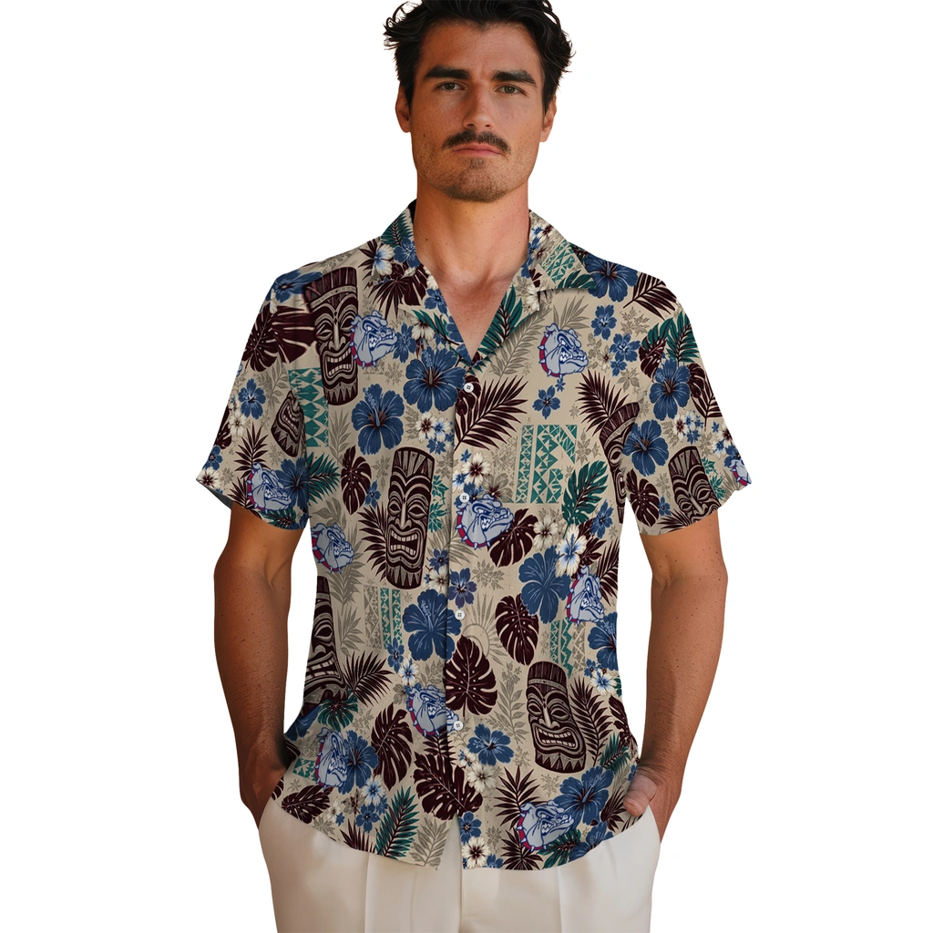 gonzaga-bulldogs-hawaiian-shirt-customized-tiki-masks-warm-beige-fashion-forward.webp