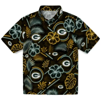 Green Bay Packers Hawaiian Shirt - Neon Florals Black