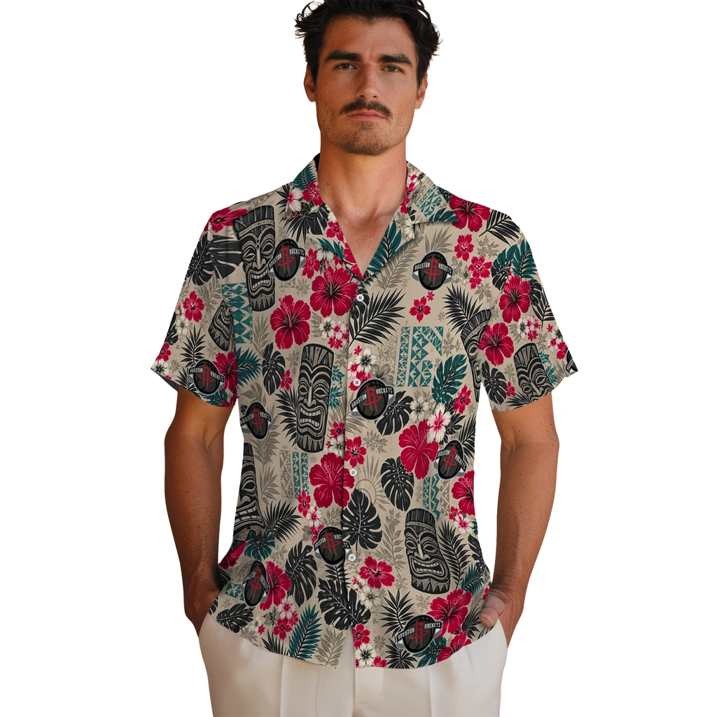 houston-rockets-hawaiian-shirt-personalized-tiki-masks-warm-beige-fashion-forward.webp