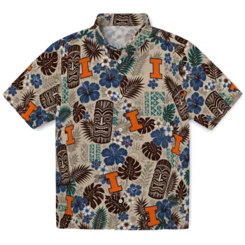 Illinois Fighting Illini Hawaiian Shirt - Tiki Masks Warm Beige