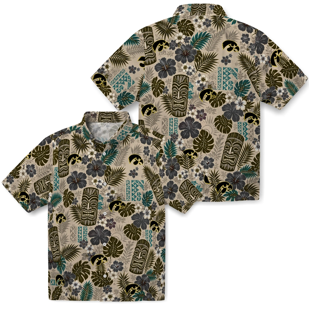 iowa-hawkeyes-hawaiian-shirt-custom-tiki-masks-warm-beige-high-quality.webp