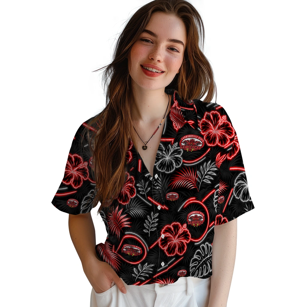 jacksonville-state-gamecocks-hawaiian-shirt-customized-neon-florals-black-latest-model.webp