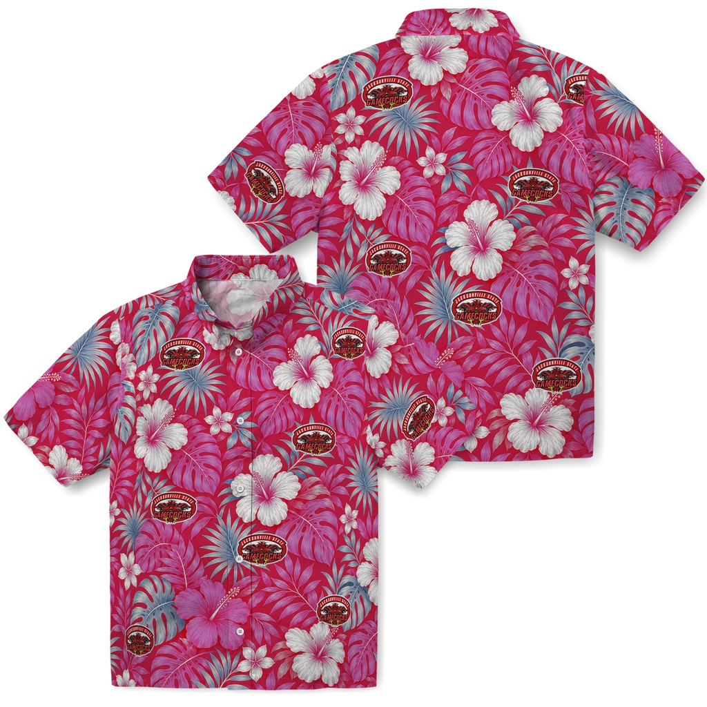 jacksonville-state-gamecocks-hawaiian-shirt-personalized-hibiscus-monstera-red-high-quality.webp