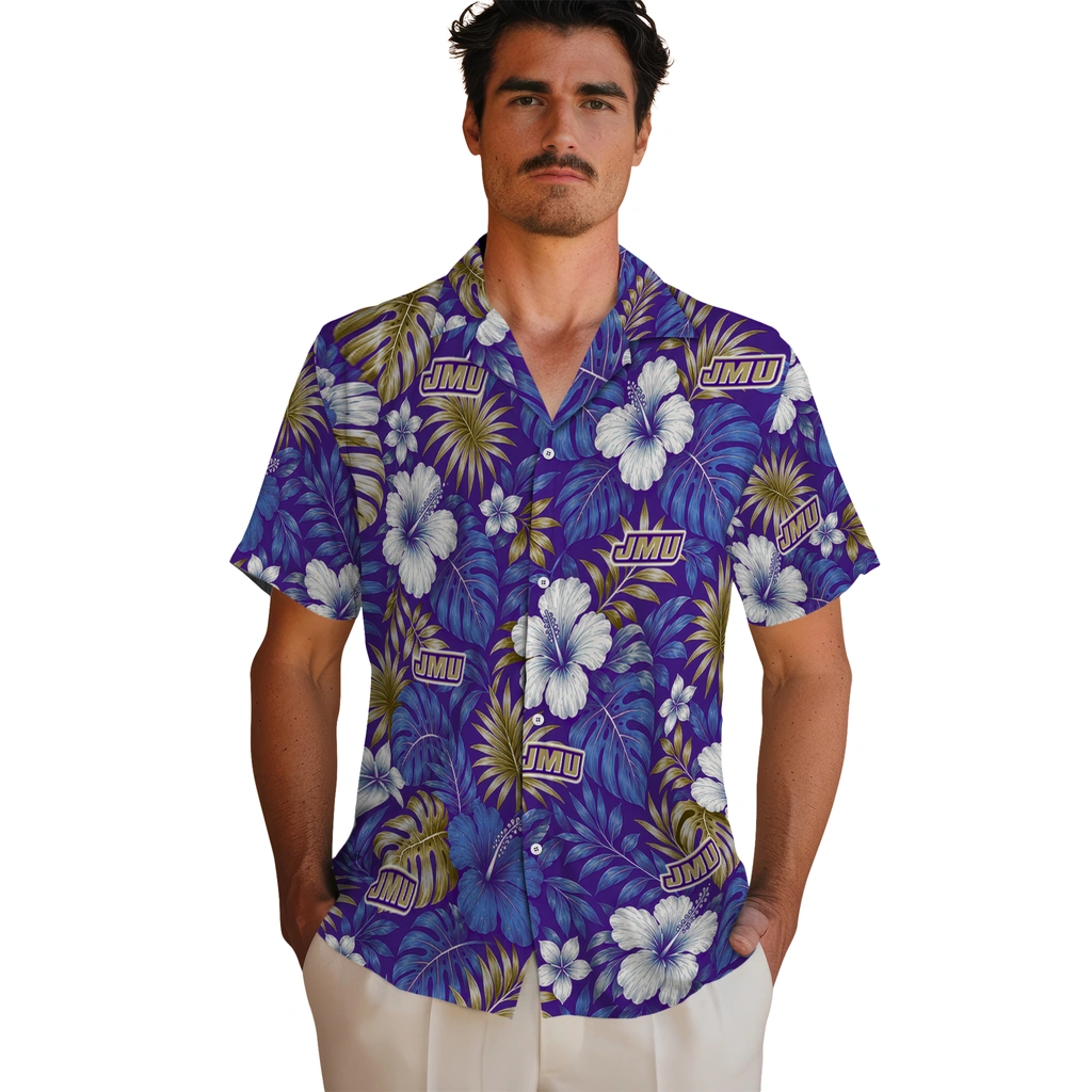 james-madison-dukes-hawaiian-shirt-custom-hibiscus-monstera-purple-fashion-forward.webp