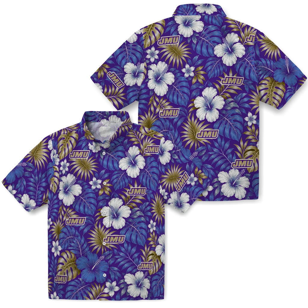 james-madison-dukes-hawaiian-shirt-custom-hibiscus-monstera-purple-high-quality.webp