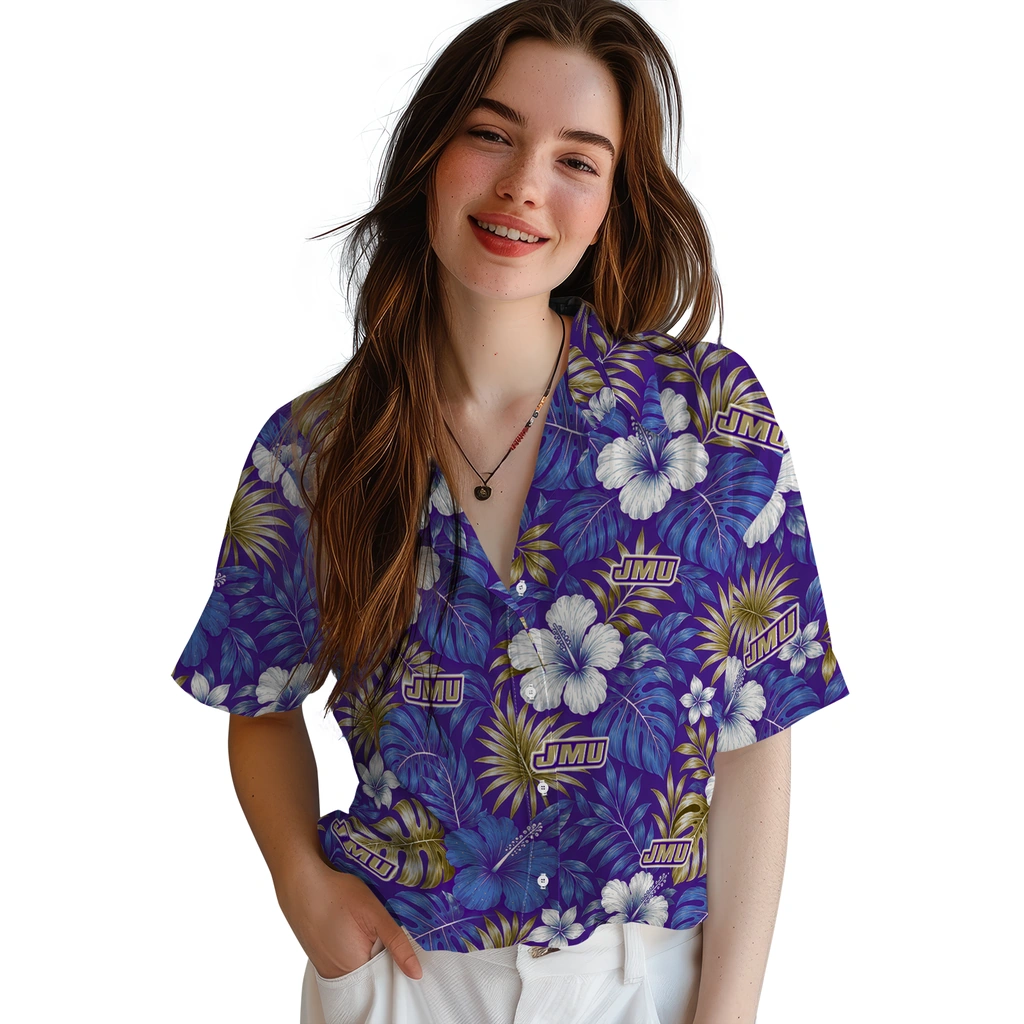 james-madison-dukes-hawaiian-shirt-custom-hibiscus-monstera-purple-latest-model.webp