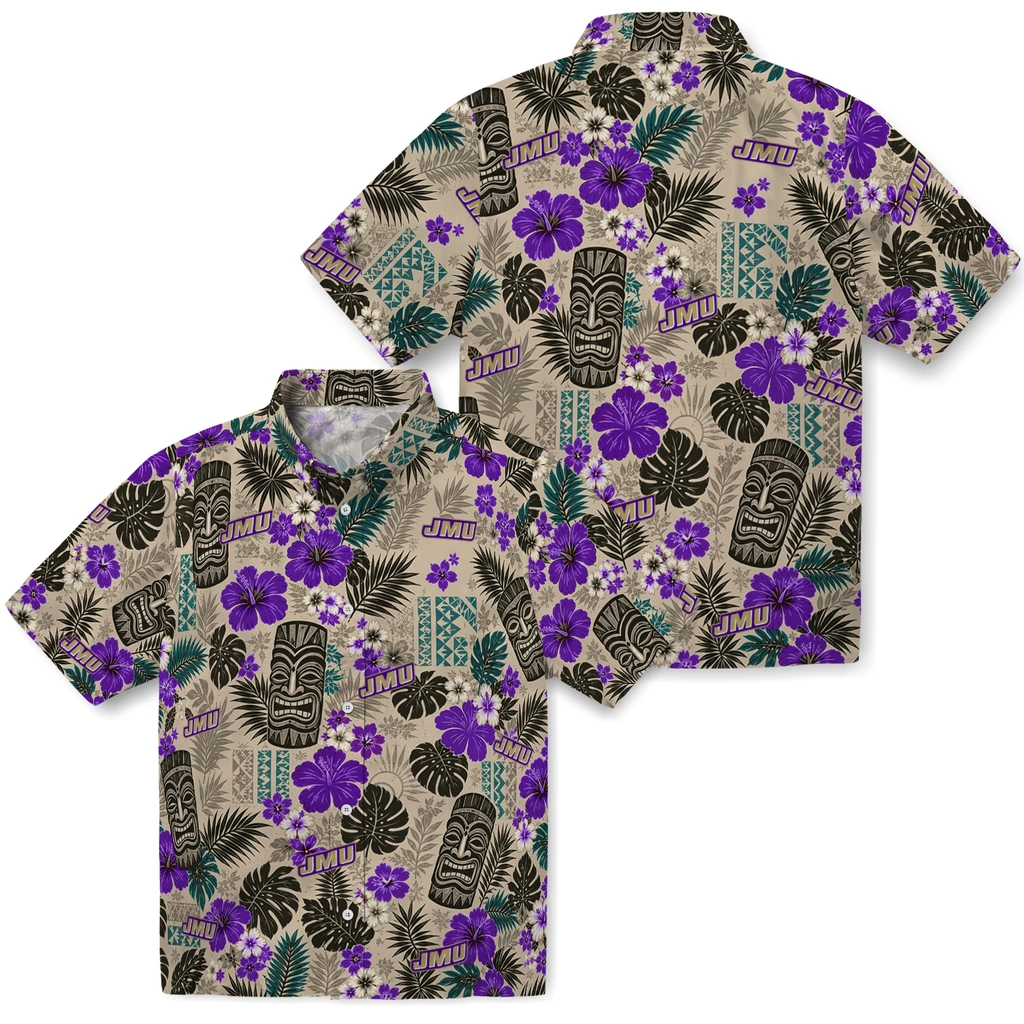 james-madison-dukes-hawaiian-shirt-custom-tiki-masks-warm-beige-high-quality.webp
