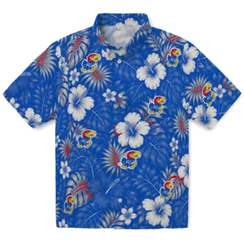 Kansas Jayhawks Hawaiian Shirt - Hibiscus Monstera Blue