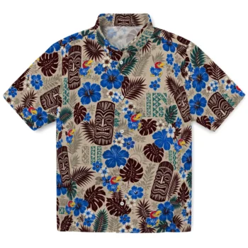 Kansas Jayhawks Hawaiian Shirt - Tiki Masks Warm Beige