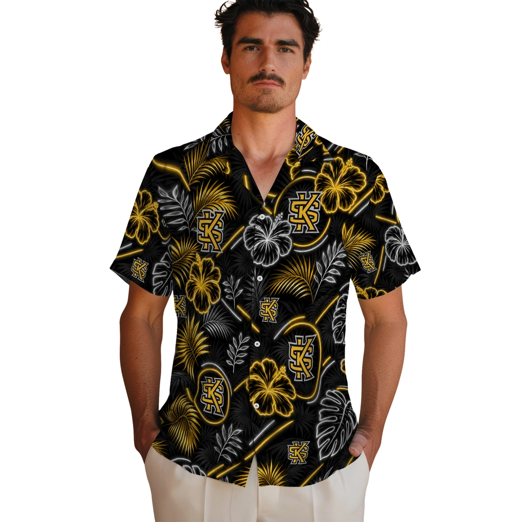 kennesaw-state-owls-hawaiian-shirt-personalized-neon-florals-black-fashion-forward.webp