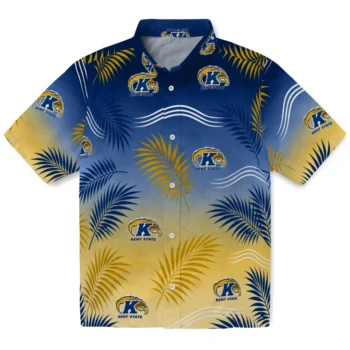 Kent State Golden Flashes Hawaiian Shirt - Ombre Fronds Navy Blue