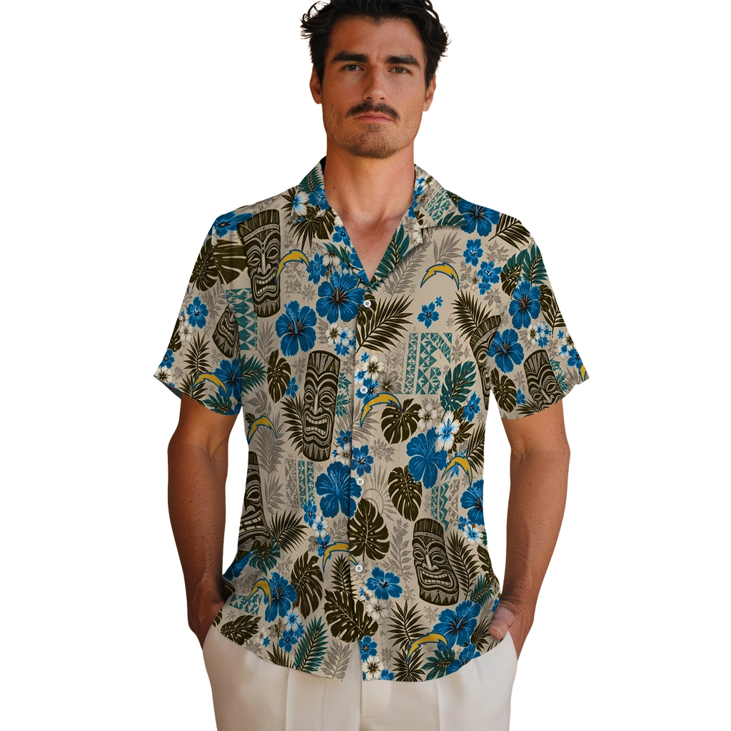 los-angeles-chargers-hawaiian-shirt-customized-tiki-masks-warm-beige-fashion-forward.webp