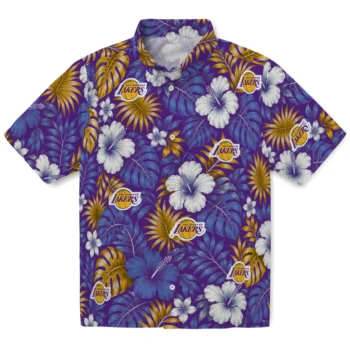 Los Angeles Lakers Hawaiian Shirt - Hibiscus Monstera Purple