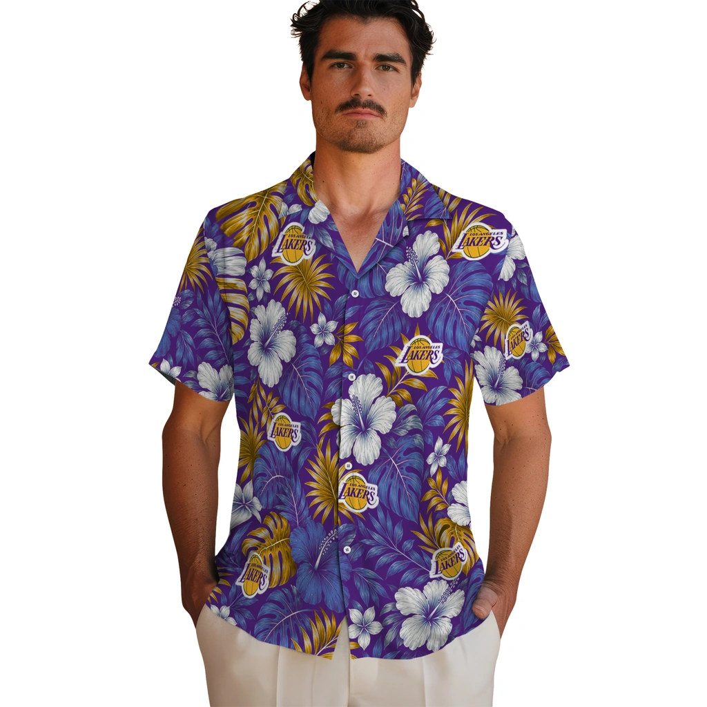 los-angeles-lakers-hawaiian-shirt-personalized-hibiscus-monstera-purple-fashion-forward.webp