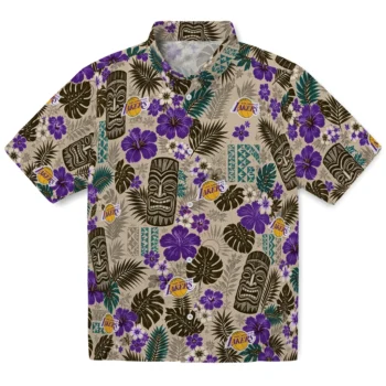 Los Angeles Lakers Hawaiian Shirt - Tiki Masks Warm Beige