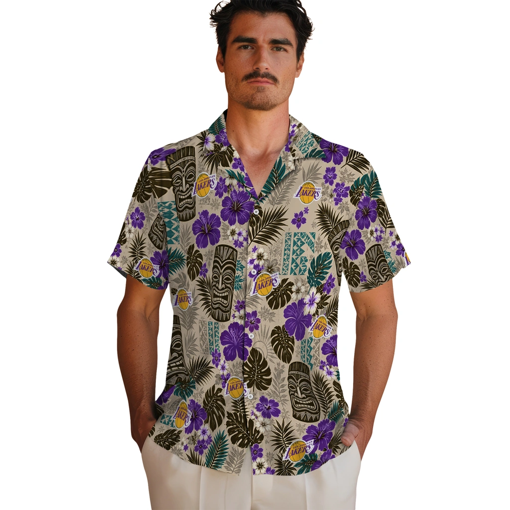 los-angeles-lakers-hawaiian-shirt-personalized-tiki-masks-warm-beige-fashion-forward.webp