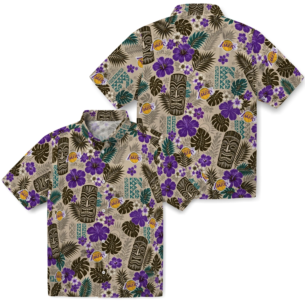 los-angeles-lakers-hawaiian-shirt-personalized-tiki-masks-warm-beige-high-quality.webp