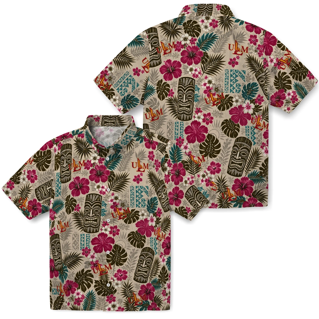 louisiana-monroe-warhawks-hawaiian-shirt-personalized-tiki-masks-warm-beige-high-quality.webp