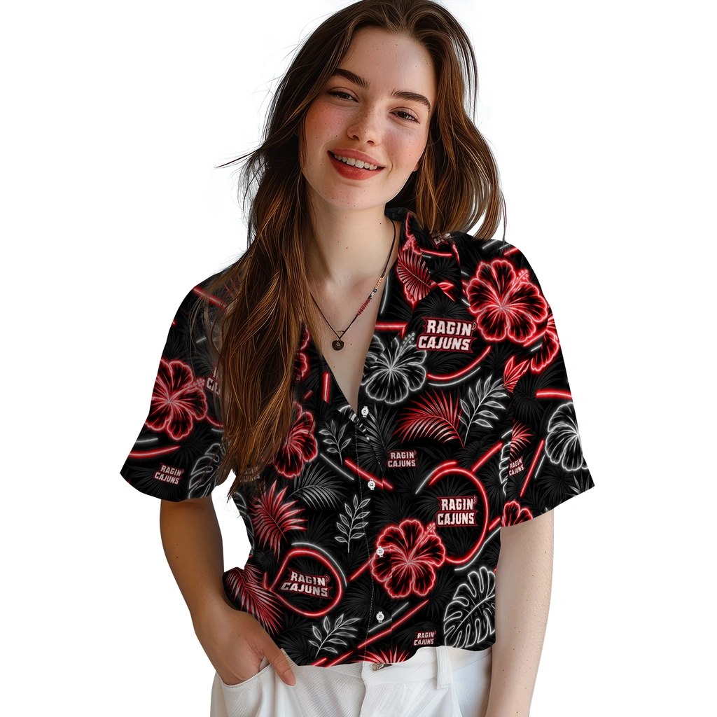 louisiana-ragin-cajuns-hawaiian-shirt-customized-neon-florals-black-latest-model.webp