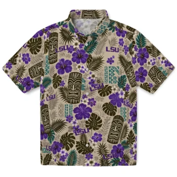 LSU Tigers Hawaiian Shirt - Tiki Masks Warm Beige