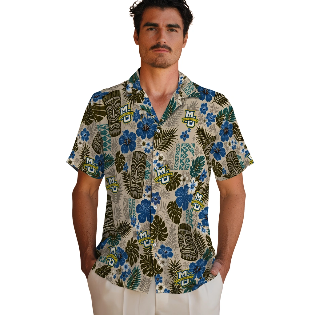 marquette-golden-eagles-hawaiian-shirt-customized-tiki-masks-warm-beige-fashion-forward.webp