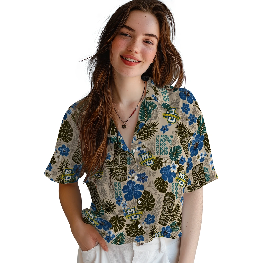 marquette-golden-eagles-hawaiian-shirt-customized-tiki-masks-warm-beige-latest-model.webp