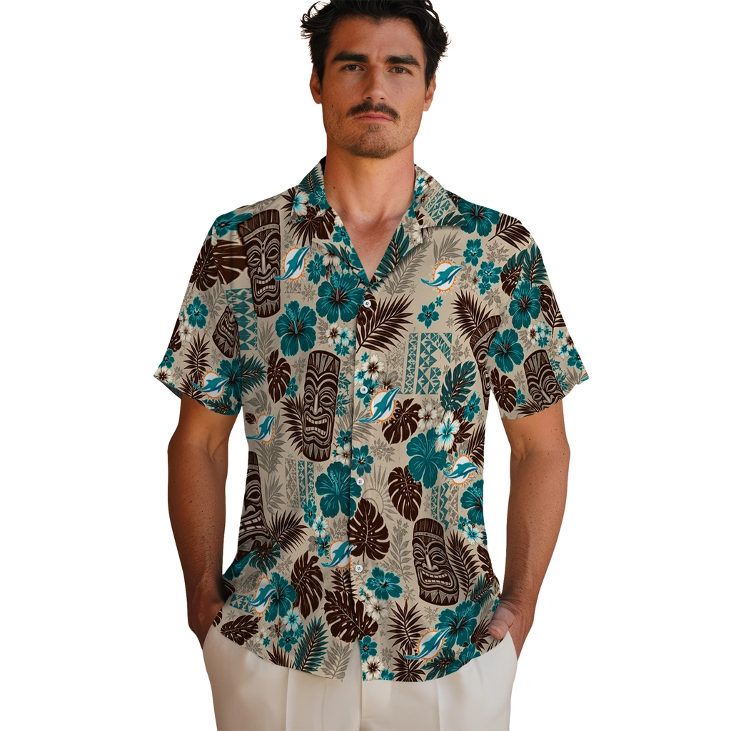 miami-dolphins-hawaiian-shirt-custom-tiki-masks-warm-beige-fashion-forward.webp