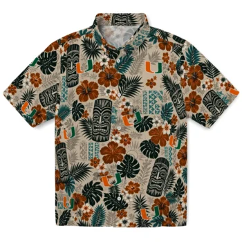 Miami Hurricanes Hawaiian Shirt - Tiki Masks Warm Beige