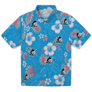 Miami Marlins Hawaiian Shirt - Hibiscus Monstera Blue
