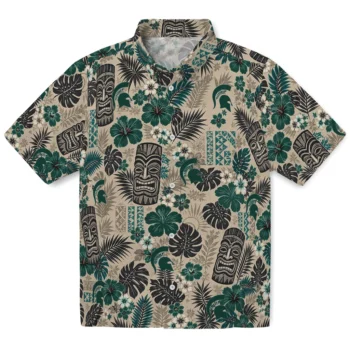 Michigan State Spartans Hawaiian Shirt - Tiki Masks Warm Beige