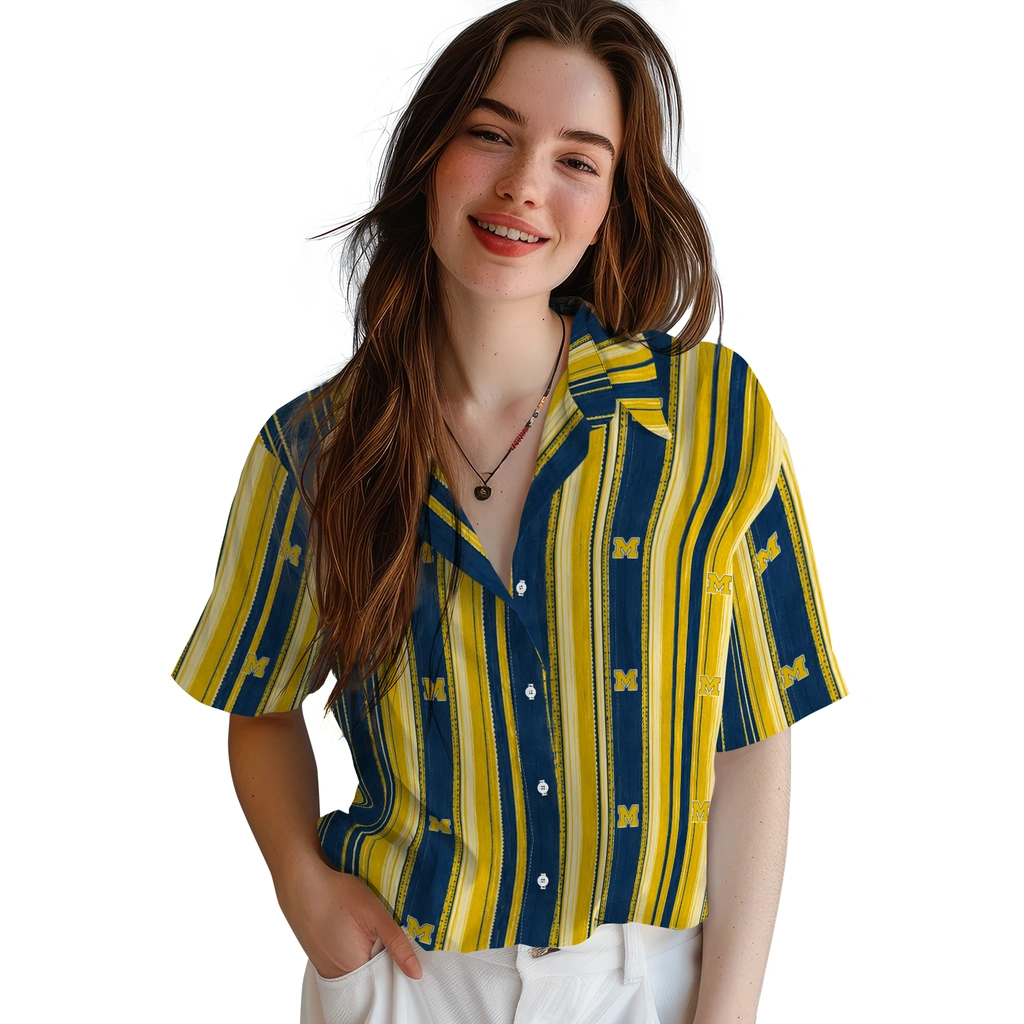 michigan-wolverines-hawaiian-shirt-custom-distressed-stripes-blue-maize-latest-model.webp
