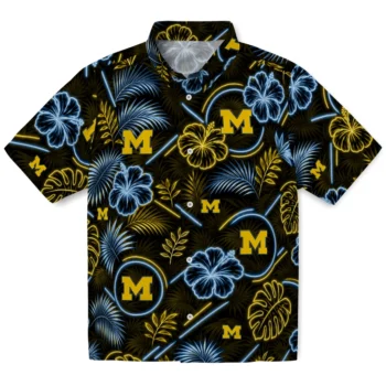 Michigan Wolverines Hawaiian Shirt - Neon Florals Black