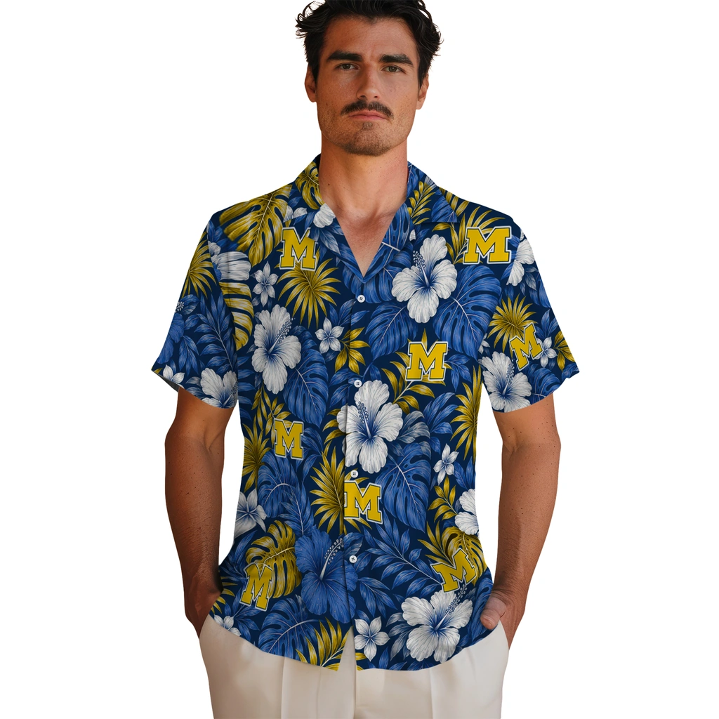 michigan-wolverines-hawaiian-shirt-personalized-hibiscus-monstera-blue-fashion-forward.webp
