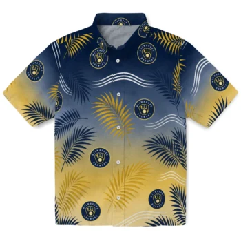 Milwaukee Brewers Hawaiian Shirt - Ombre Fronds Navy Blue