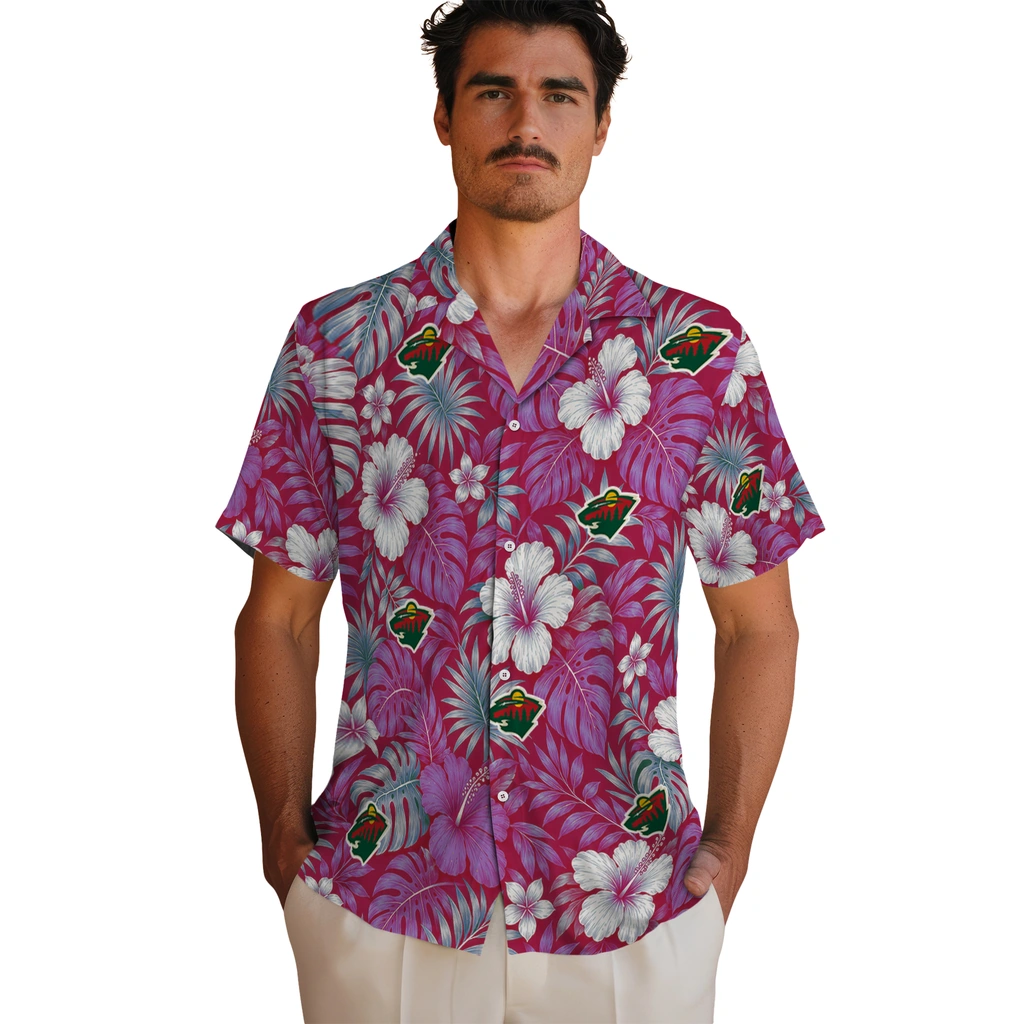 minnesota-wild-hawaiian-shirt-custom-hibiscus-monstera-red-fashion-forward.webp