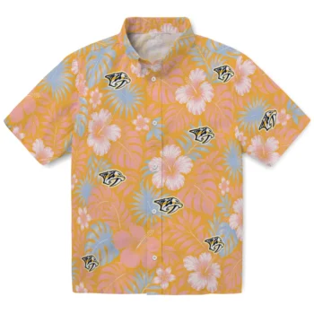 Nashville Predators Hawaiian Shirt - Hibiscus Monstera Gold