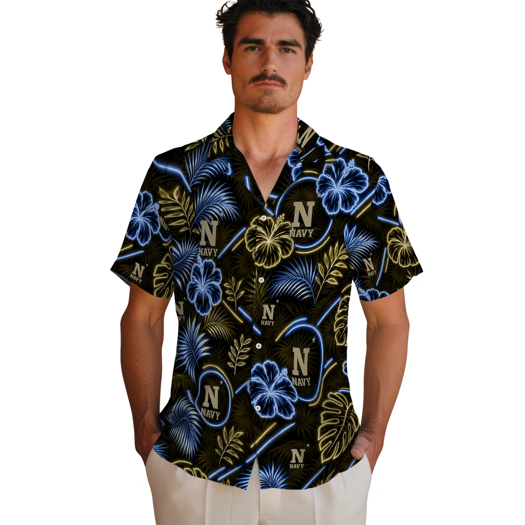 navy-midshipmen-hawaiian-shirt-personalized-neon-florals-black-fashion-forward.webp