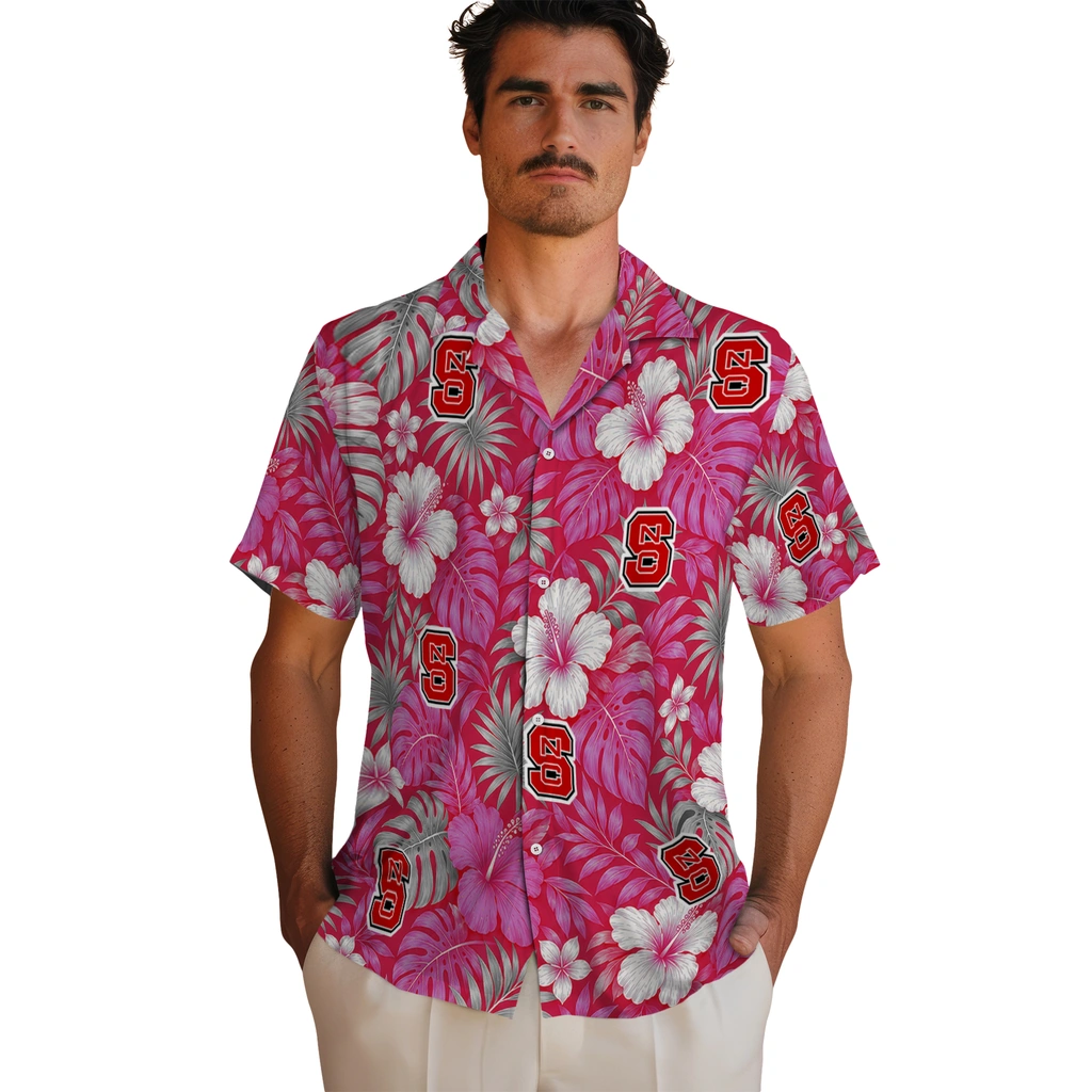 nc-state-wolfpack-hawaiian-shirt-customized-hibiscus-monstera-red-fashion-forward.webp