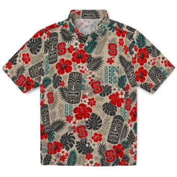 NC State Wolfpack Hawaiian Shirt - Tiki Masks Warm Beige