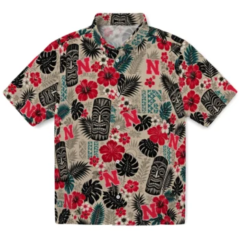 Nebraska Cornhuskers Hawaiian Shirt - Tiki Masks Warm Beige