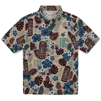 New England Patriots Hawaiian Shirt - Tiki Masks Warm Beige