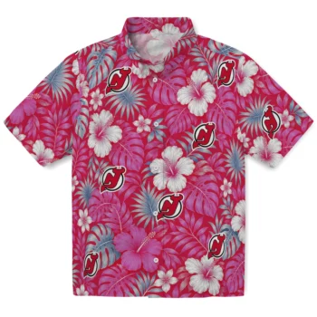 New Jersey Devils Hawaiian Shirt - Hibiscus Monstera Red