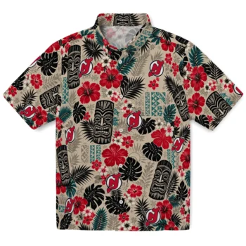 New Jersey Devils Hawaiian Shirt - Tiki Masks Warm Beige