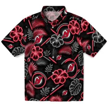 New Jersey Devils Hawaiian Shirt - Neon Florals Black